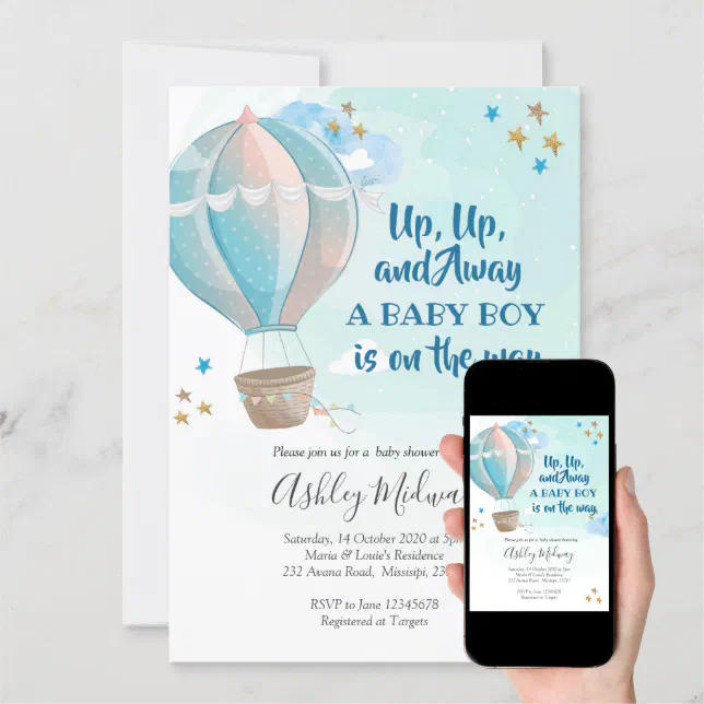 Hot Air Balloon Boy Baby Shower Invitation | Zazzle