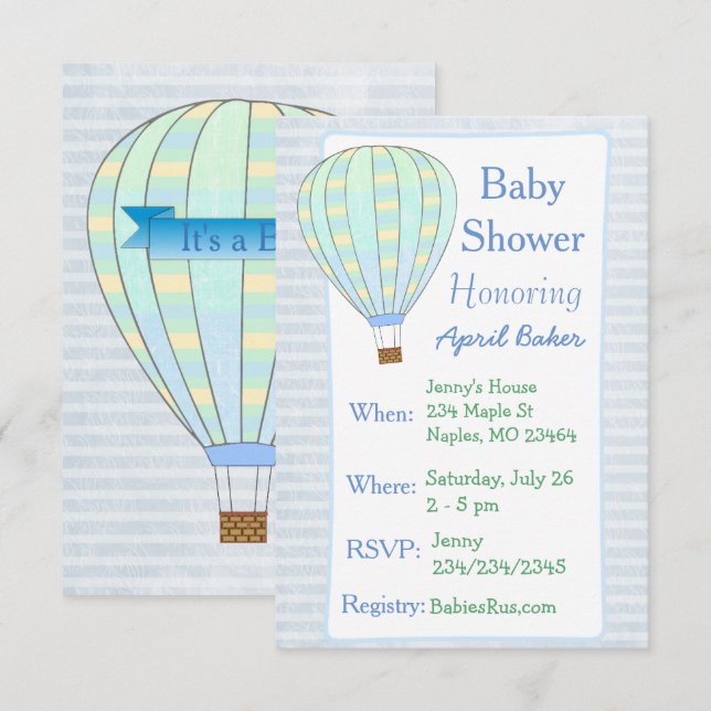 Hot Air Balloon Boy Baby Shower Invitation (Front/Back)