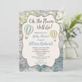 Hot Air balloon boy baby shower invitations blue (Standing Front)