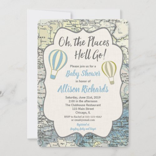 Hot Air balloon boy baby shower invitations blue