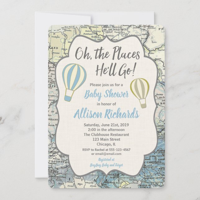 Hot Air balloon boy baby shower invitations blue (Front)