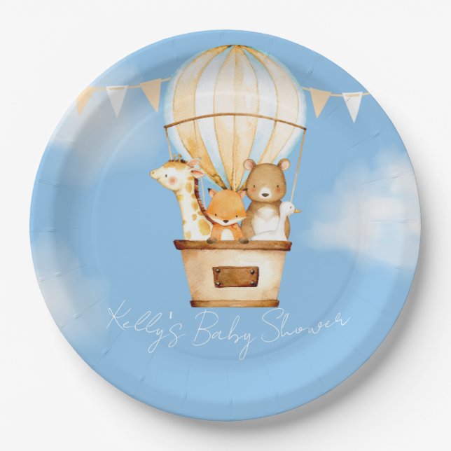 Hot Air Balloon Boy Baby Shower Paper Plate (Front)