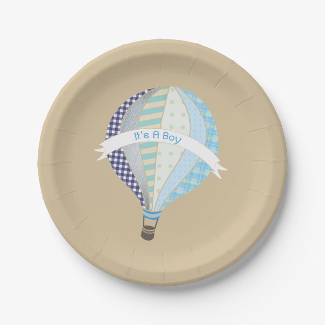 Hot Air Balloon Boy Baby Shower Paper Plates (Front)