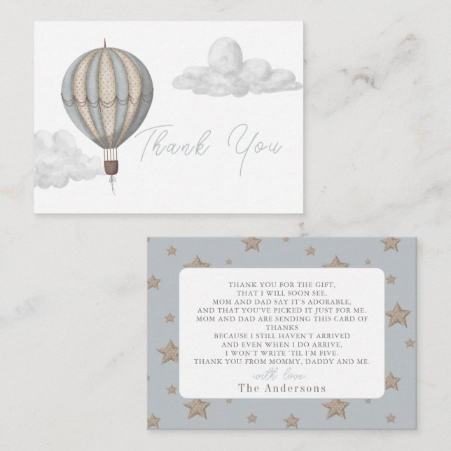 Hot Air Balloon Boy Baby Shower Thank You Note Card (Front/Back)