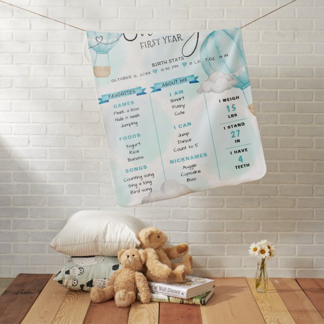 Hot Air Balloon Boy First Birthday Milestone Baby Blanket (In Situ)