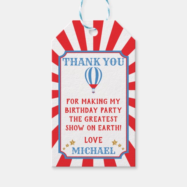 Hot Air Balloon Circus Carnival Birthday Gift Tag (Front)