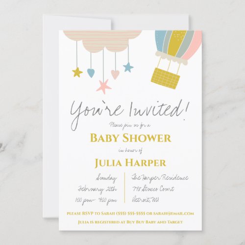 Hot Air Balloon  Cloud Gender Neutral Baby Shower Invitation