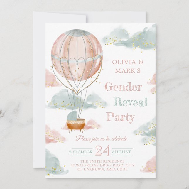 Hot Air Balloon Clouds Baby Gender Reveal Invitation (Front)