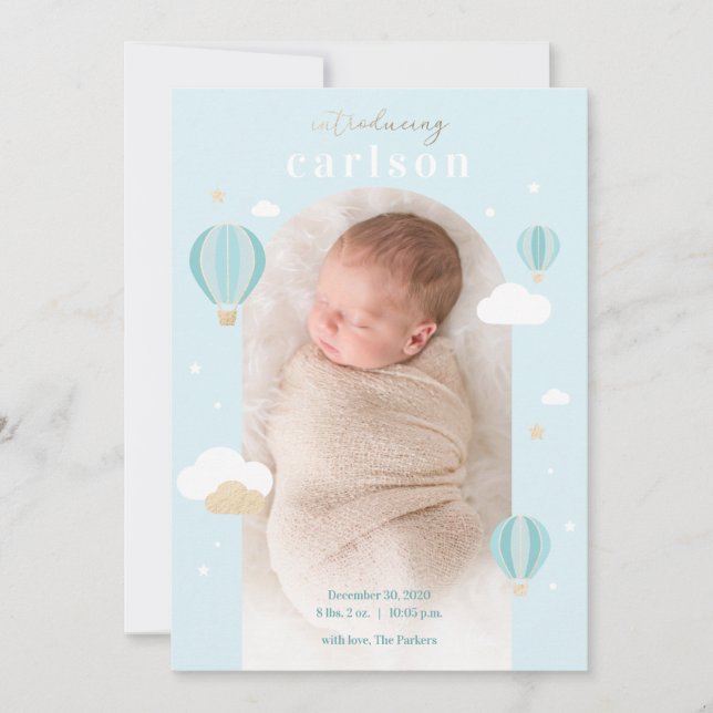Hot Air Balloon Clouds Stars Newborn Baby Birth An Announcement (Front)