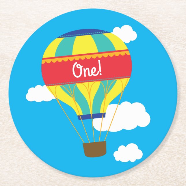 Hot Air Balloon Colorful Birthday Party Round Paper Coaster (Front)