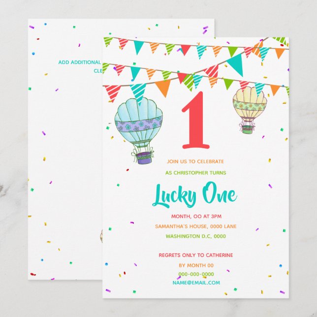 Hot air balloon colorful bunting first birthday invitation (Front/Back)