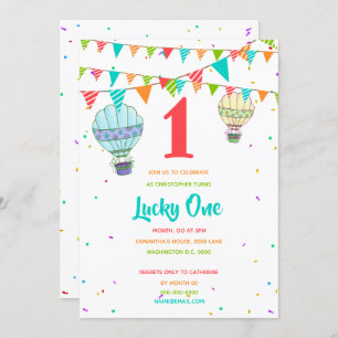 Hot air balloon colorful bunting first birthday invitation