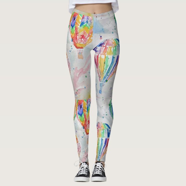 Hot Air Balloon colorful Watercolor Painting Art Leggings (Front)