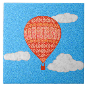 Hot Air Balloon, Coral Orange Against a Blue Sky Ceramic Tile