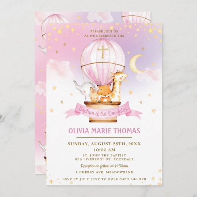 Hot Air Balloon Cute Animals Baptism Christening  Invitation (Front/Back)