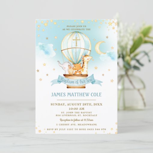 Hot Air Balloon Cute Animals Baptism Christening Invitation | Zazzle