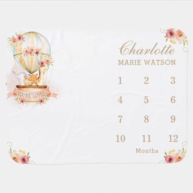 Hot Air Balloon Cute Animals Monthly Milestone Baby Blanket (Horizontal)