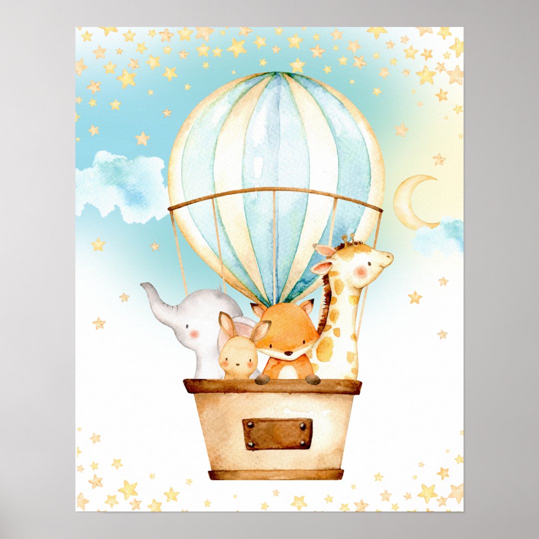 Hot Air Balloon Cute Baby Animals Nursery Wall Art | Zazzle