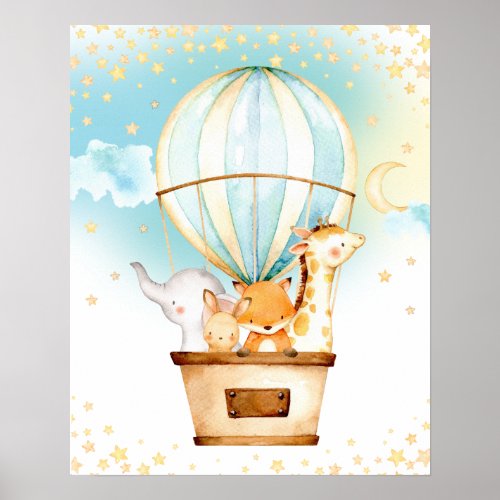Hot Air Balloon Cute Baby Animals Nursery Wall Art