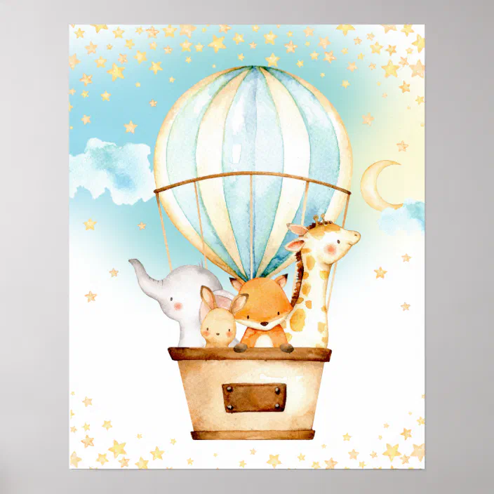 Hot Air Balloon Cute Baby Animals Nursery Wall Art Zazzle Com