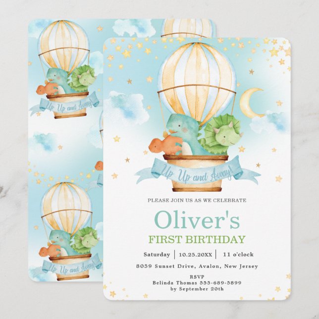 Hot Air Balloon Cute Dinosaurs Birthday Party Boy  Invitation (Front/Back)