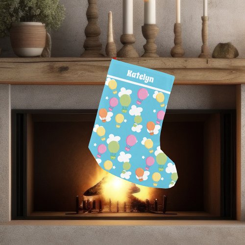 Hot Air Balloon Cute Sky Blue Monogram Small Christmas Stocking