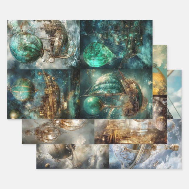 Hot Air Balloon Designs & Steampunk  Wrapping Paper Sheets (Set)