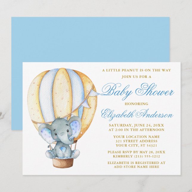 Hot Air Balloon Elephant Peanut Gold Baby Shower Invitation (Front/Back)