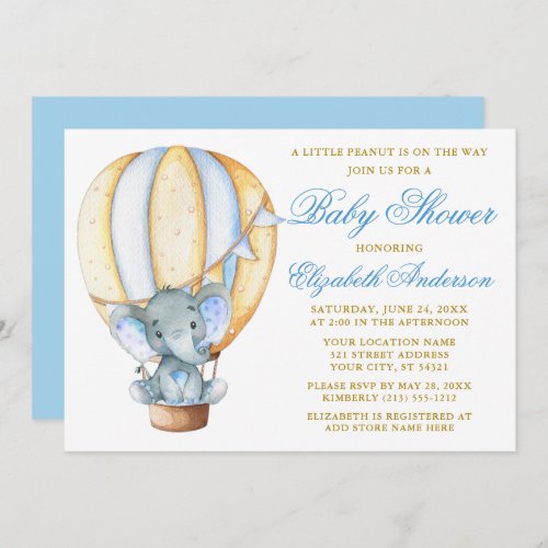 Hot Air Balloon Elephant Peanut Gold Baby Shower Invitation