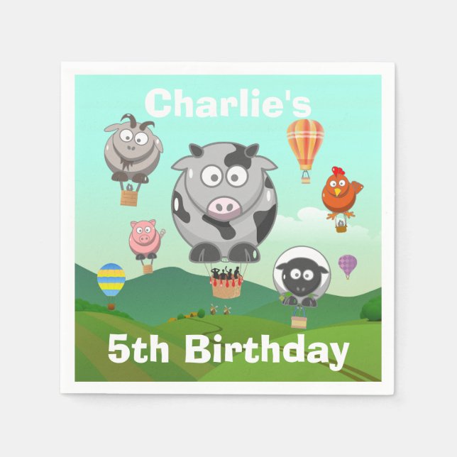 Hot Air Balloon Farm Animals Custom Birthday Napkins (Front)