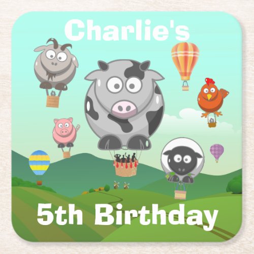 Hot Air Balloon Farm Animals Custom Birthday Square Paper Coaster