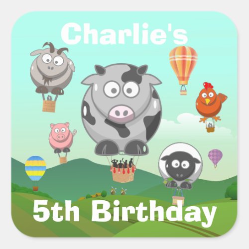 Hot Air Balloon Farm Animals Custom Birthday Square Sticker