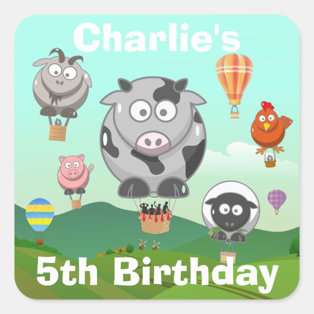 Hot Air Balloon Farm Animals Custom Birthday Square Sticker (Front)