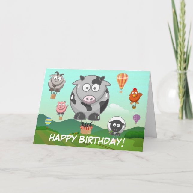 Hot Air Balloon Farm Animals Kids Birthday Card (Front)