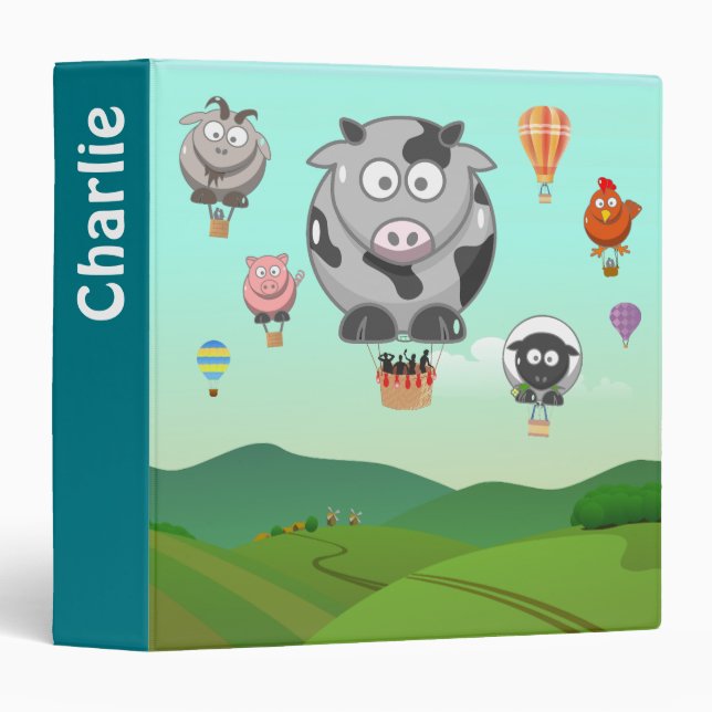 Hot Air Balloon Farm Animals Personalised 3 Ring Binder (Front/Spine)