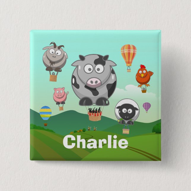 Hot Air Balloon Farm Animals Personalised Button (Front)