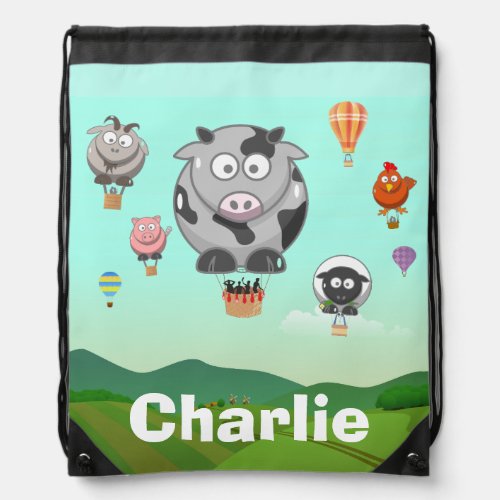 Hot Air Balloon Farm Animals Personalised Kids Drawstring Bag