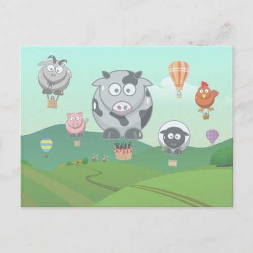 Hot Air Balloon Farm Animals Postcard
