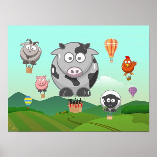 Hot Air Balloon Farm Animals  Poster