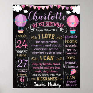 Hot Air Balloon First Birthday board Poster