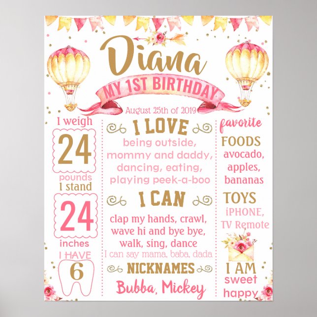 Hot air Balloon First birthday chalk board sign (Front)