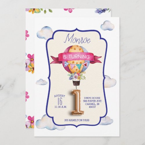 Hot Air Balloon First Birthday Party Invitations