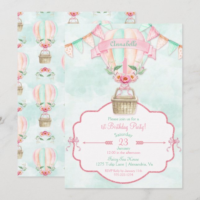 Hot Air Balloon First Birthday Pink Mint Peach Invitation (Front/Back)