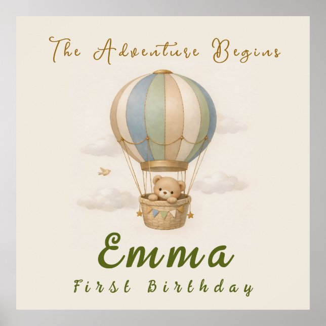  Hot Air Balloon First Birthday Poster (Front)