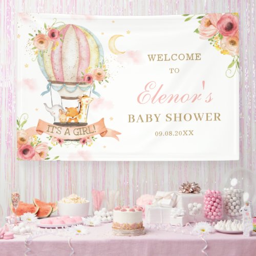 Hot Air Balloon Floral Animal Baby Shower Backdrop Banner