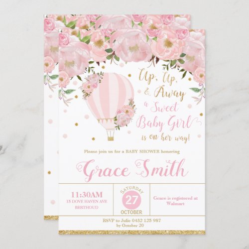 Hot Air Balloon Floral Baby Shower Girl Invitation