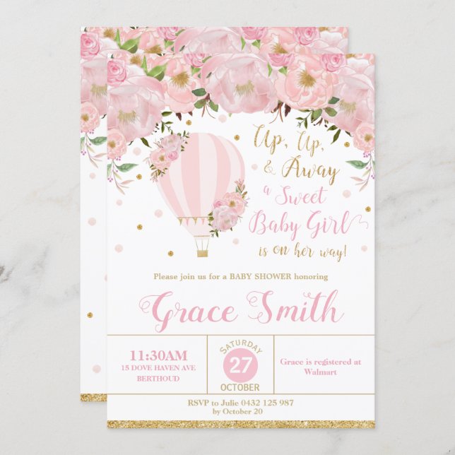 Hot Air Balloon Floral Baby Shower Girl Invitation (Front/Back)