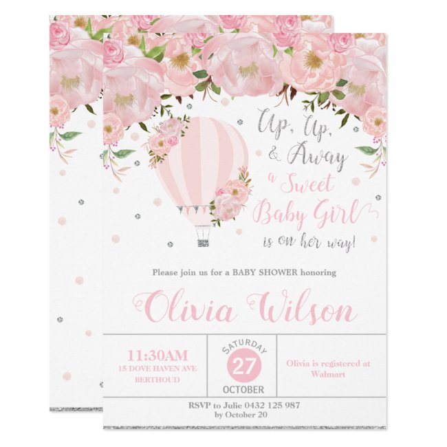 Hot Air Balloon Floral Baby Shower Girl Silver Invitation