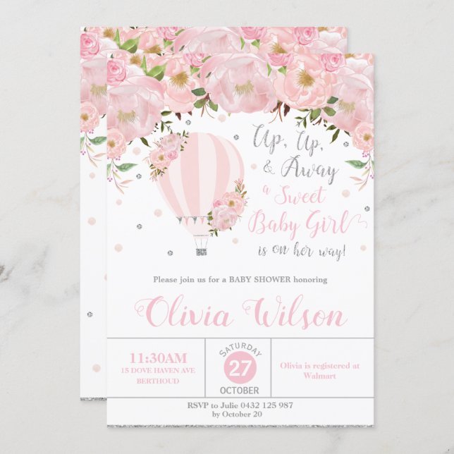 Hot Air Balloon Floral Baby Shower Girl Silver Invitation (Front/Back)