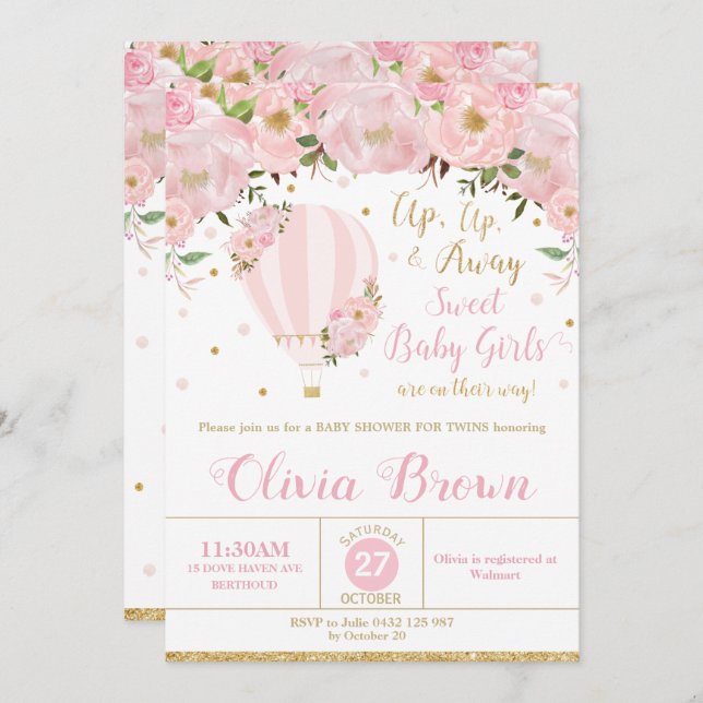 Hot Air Balloon Floral Baby Shower Twin Girls Invitation (Front/Back)